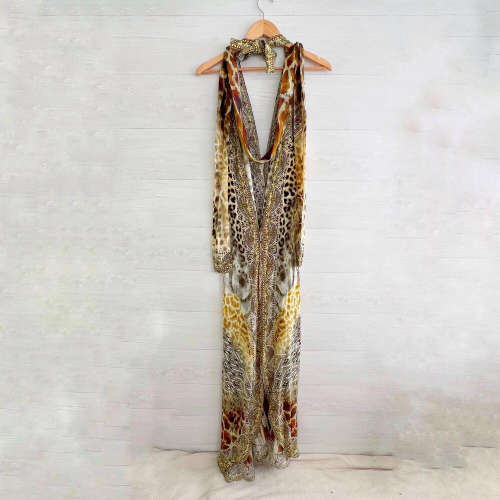 Camilla - Animal print silk embellished maxi halter dress, L - Picture 13 of 15